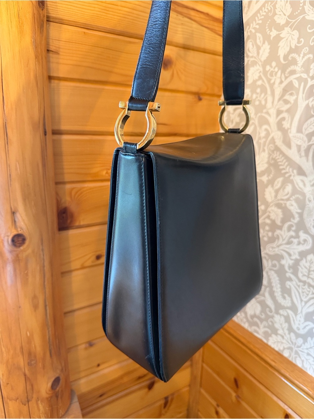 Salvatore Ferragamo Black Smooth Leather Vintage Shoulder Bag Gold Hardware EUC